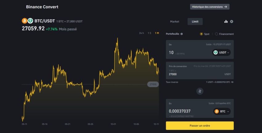 Ecran Binance pour acheter des bitcoins en ligne avec Binance Convert