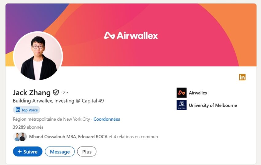 Page LinkedIn de Jack Zhang, le fondateur d'Airwallex