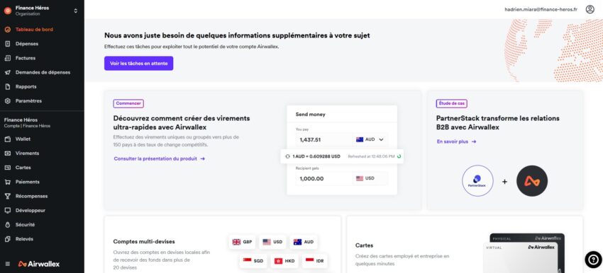 Tableau de bord du compte pro en ligne Airwallex