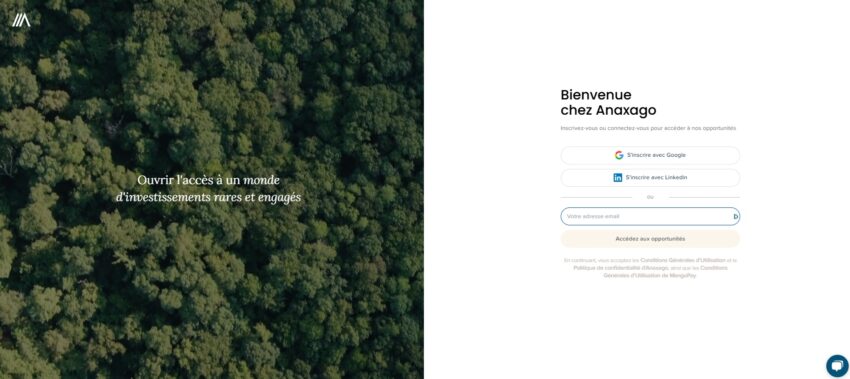 Page d'inscription à la plateforme de financement participatif Anaxago