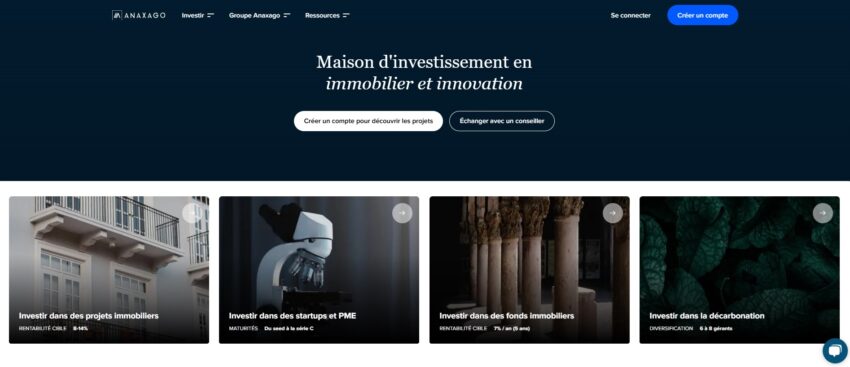 Page d'accueil de la plateforme de crowdfunding Anaxago
