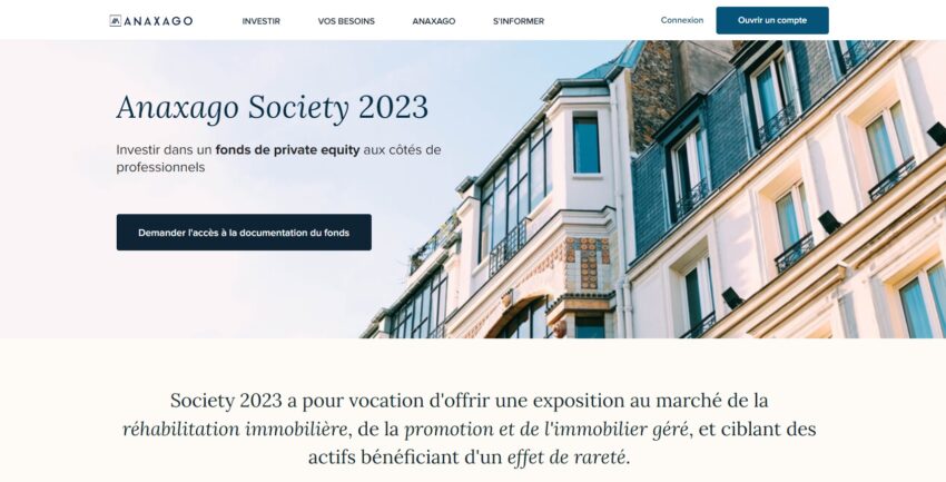 Page d'accueil d'Anaxago Society, un fonds de private equity dédié à l'immobilier