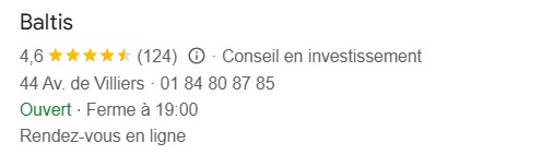 Bien que limitée à 124 avis début 2025, une belle moyenne de 4,6/5 pour les avis Google sur Baltis