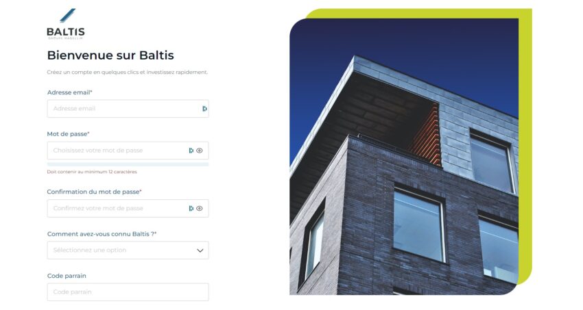 Page d'inscription à la plateforme de crowdfunding Baltis
