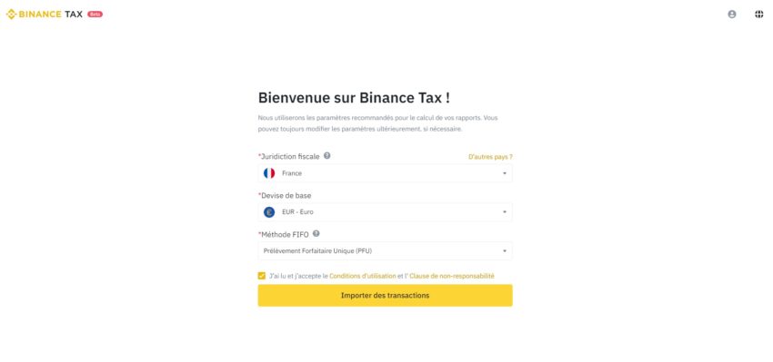 Page de bienvenue Binance Tax: fiscalité