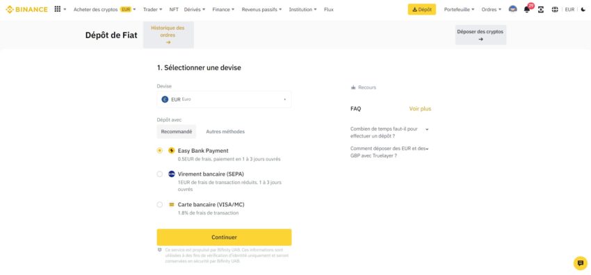 Interface de la plateforme crypto Binance pour réaliser un dépôt de devises fiat