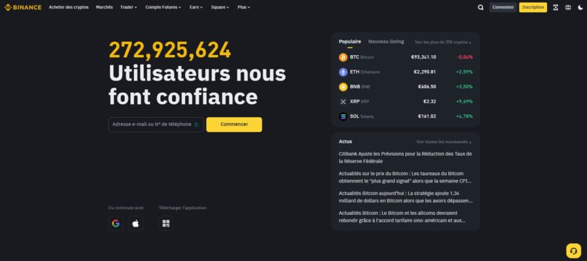Page d'accueil de la plateforme d'échange de crypto monnaies Binance, le numéro 1 mondial en termes de volumes échangés