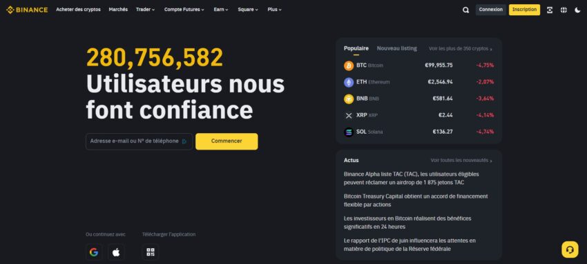 Page d'accueil de la plateforme crypto Binance