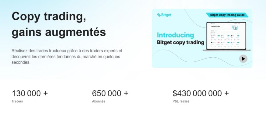 Quelques chiffres sur le copy trading de crypto chez Bitget : 130 000 traders, 650 000 abonnés et plus de 430 millions de dollars de gains