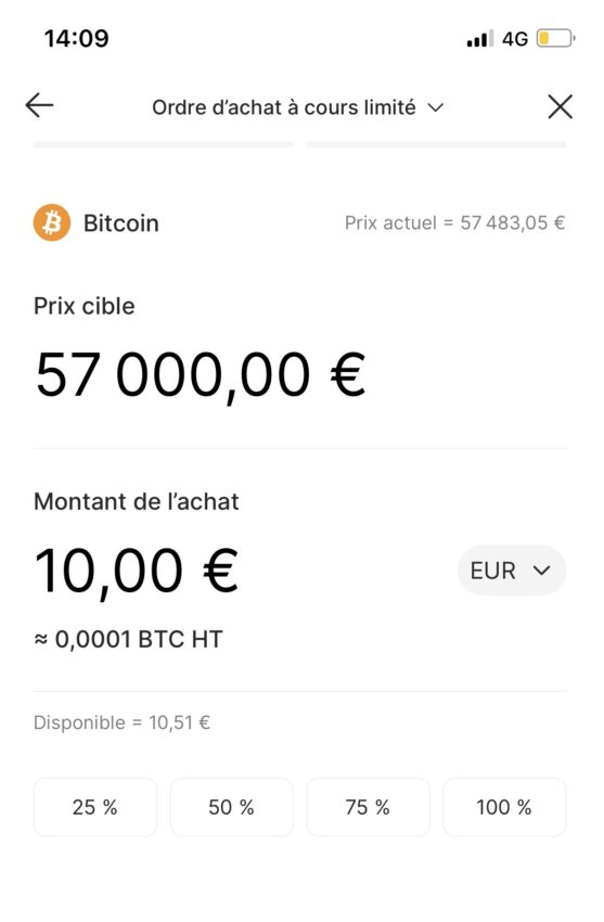 Capture d'écran de l'application crypto Bitpanda pour un achat à cours limité sur du Bitcoin