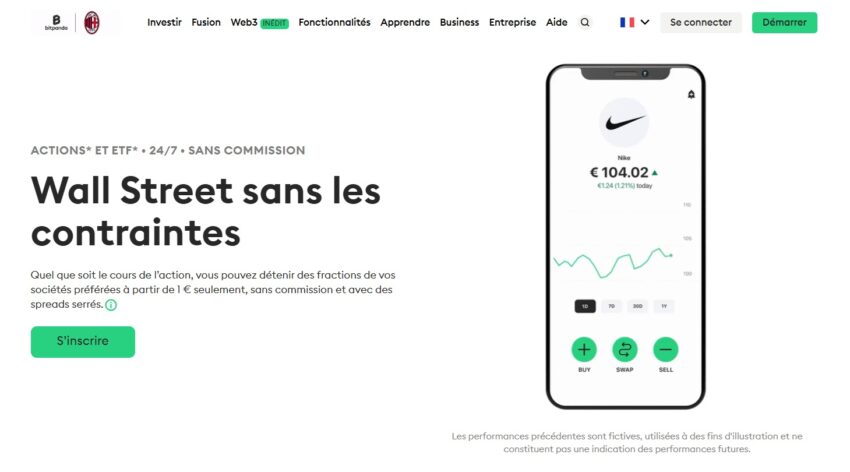 Visuel indiquant que Bitpanda permet aussi d'investir en actions et ETF sans commission