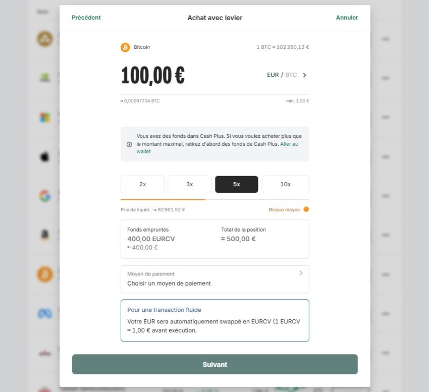 Page d'achat de Bitcoin avec un levier x10 avec Bitpanda Margin Trading