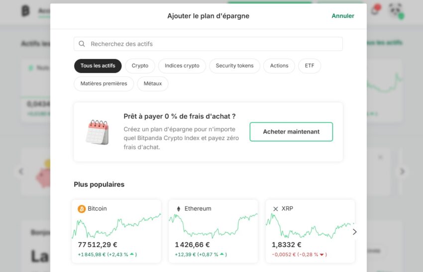 Illustration de la fonctionnalité de plan d'épargne de la plateforme Bitpanda