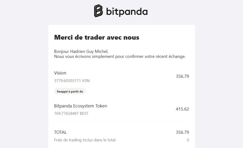 Capture d'écran avec le message que j'ai reçu de Bitpanda concernant le swap de mes BEST vers des VSN