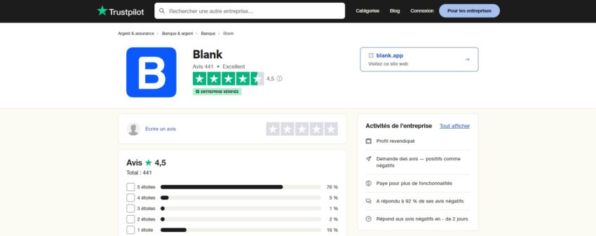 La banque pro Blank a obtenu une moyenne de 4,5 sur 5 sur plus de 400 avis clients déposés