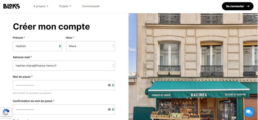Page d'inscription à Bloks