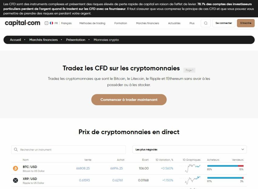 Page crypto de la plateforme Capital.com