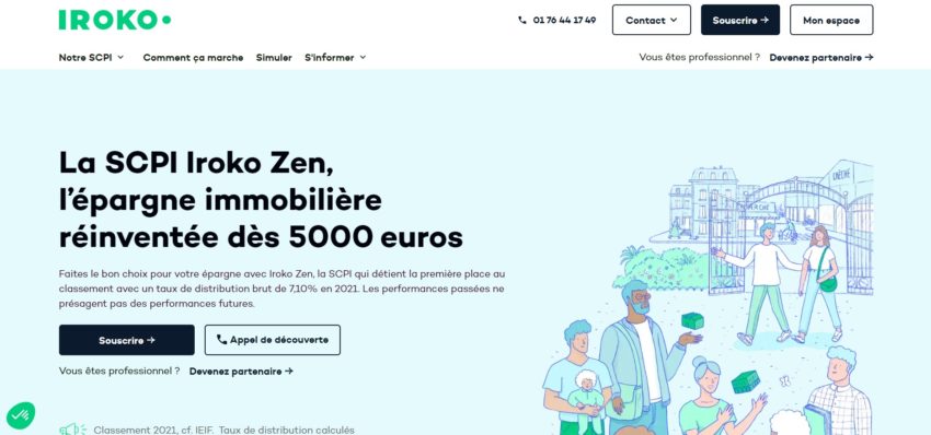 Page d'accueil de la SCPI Iroko Zen, dans laquelle vous pouvez investir sans frais de souscription !