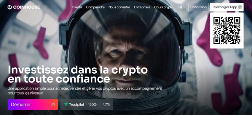 Page d'accueil de la plateforme crypto française Coinhouse