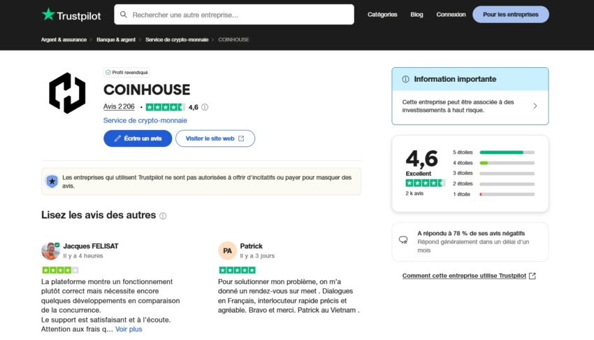 Moyenne de 4,6/5 des avis Trustpilot sur la plateforme Coinhouse