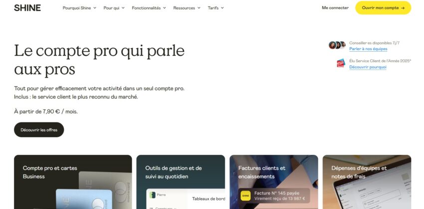 Page d'accueil de la banque pro digitale Shine