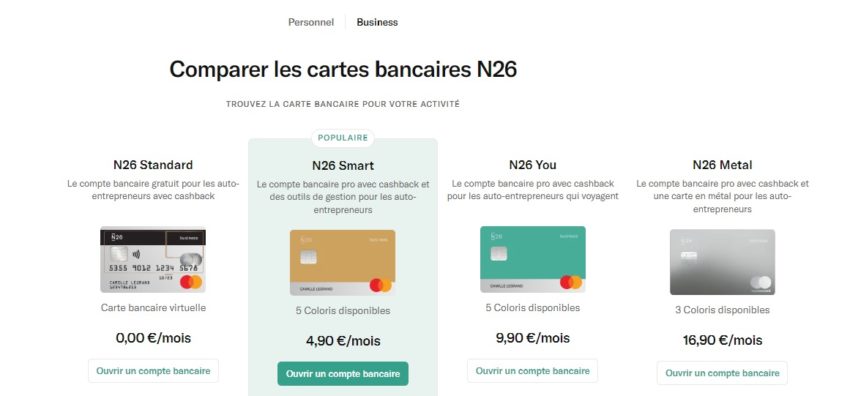 N26 Business propose 4 abonnements de comptes professionnels différents, dont un gratuit