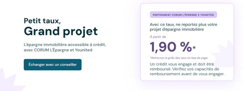 Visuel concernant le partenariat entre CORUM L'Epargne et Younited, qui permet d'investir dans la SCPI CORUM Origin avec un crédit à partir de 1,90%
