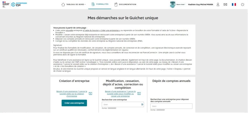 Le Guichet unique, avec en bas à gauche le bouton "Créer une entreprise"
