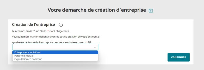 Liste déroulante où choisir "entrepreneur individuel" pour créer une micro-entreprise