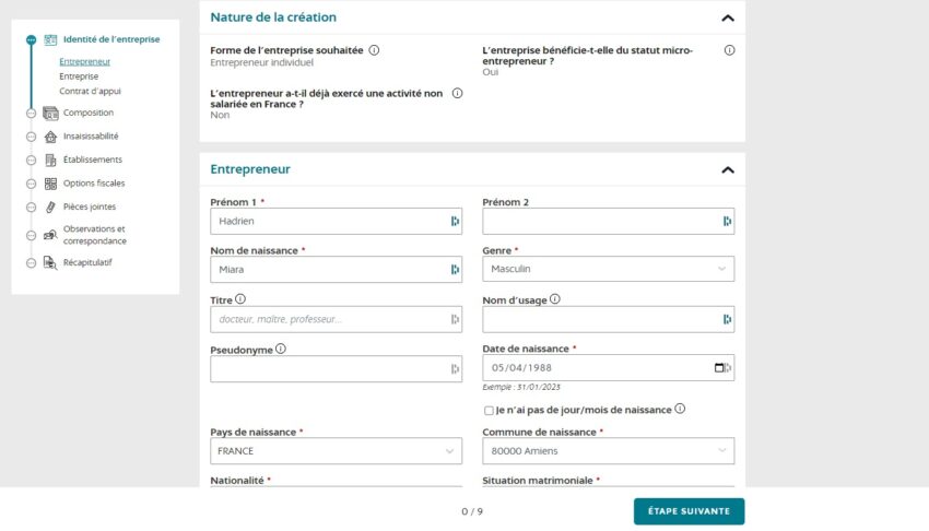 Capture d'écran du formulaire de création en ligne de sa micro-entreprise