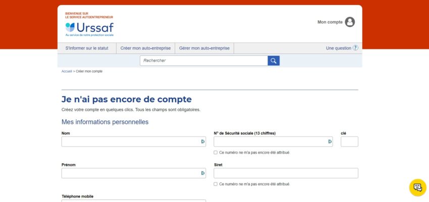 Page web de création d'un compte Urssaf d'auto-entrepreneur