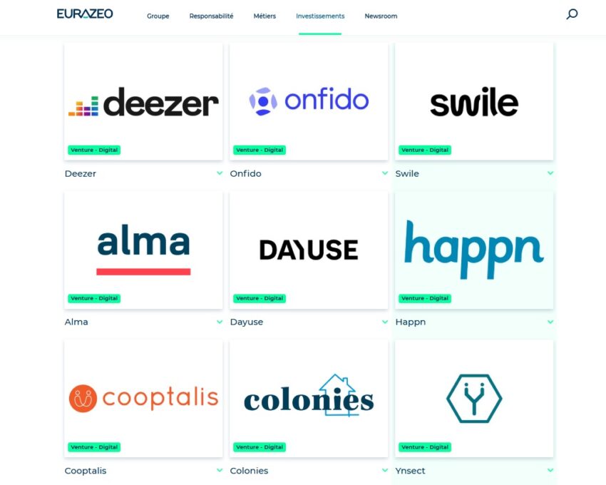Extrait du portefeuille d'investissements en startups d'Eurazeo