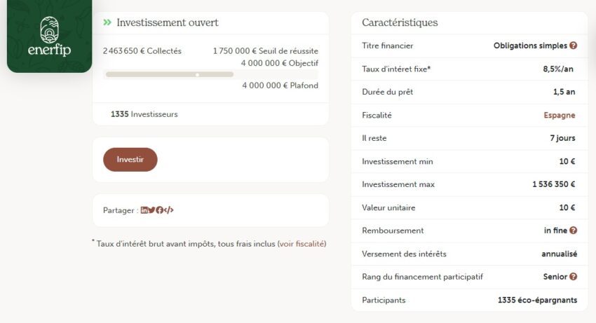 Une collecte sur Enerfip dont les obligations ont un taux de 8,5%/an pendant 1,5 an