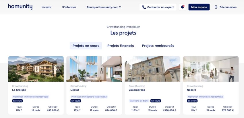 Exemple de projets de crowdfunding immobilier portés par une plateforme, 
en l'occurrence Homunity