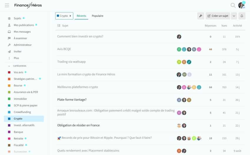Capture d'écran de la section "crypto" du Forum de Finance Héros