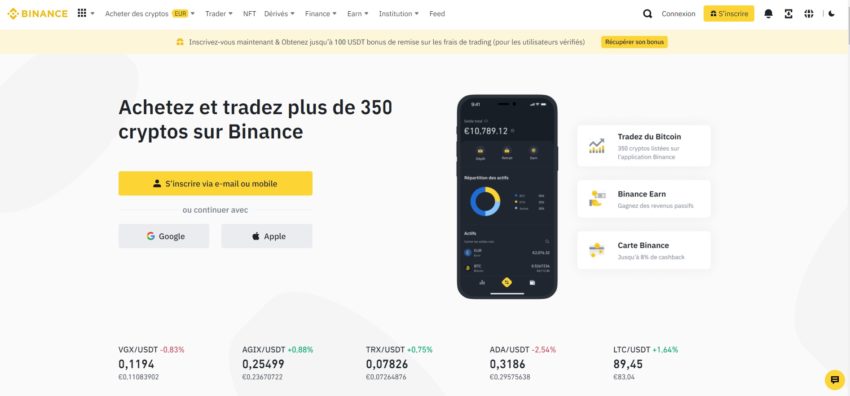 Page d'accueil de Binance, dont la crypto BNB fait partie de notre sélection de crypto monnaies prometteuses