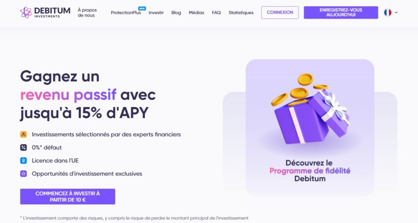 Page d'accueil de la plateforme Debitum Investments