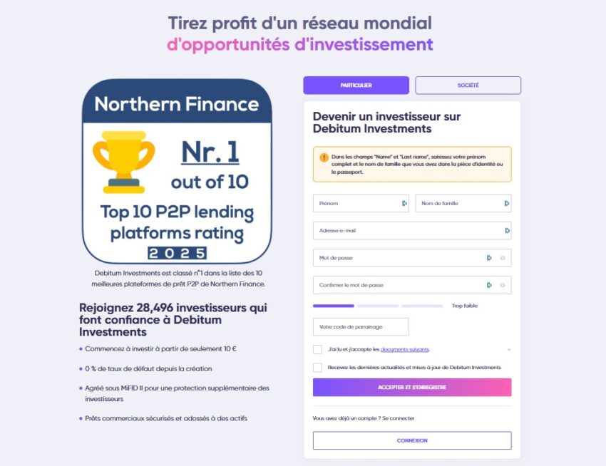 La page d'inscription pour ouvrir son compte chez Debitum