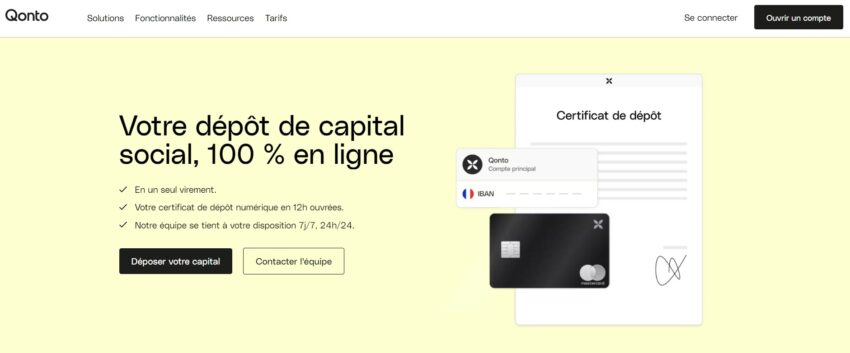 Page web de Qonto concernant le dépôt de capital en ligne