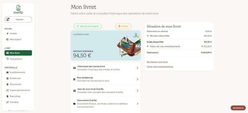 Mon tableau de bord de l'espace investisseur de la plateforme de financement participatif Enerfip