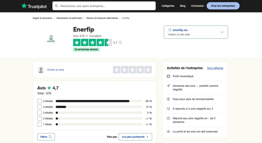 Visuel prouvant que la plateforme de crowdfunding Enerfip obtient une moyenne de 4,7/5 sur les avis déposés sur Trustpilot (janvier 2025)