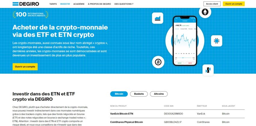 Page web du courtier DEGIRO indiquant comment investir dans les cryptos via des ETF et ETN, notamment dans le Bitcoin (BTC)