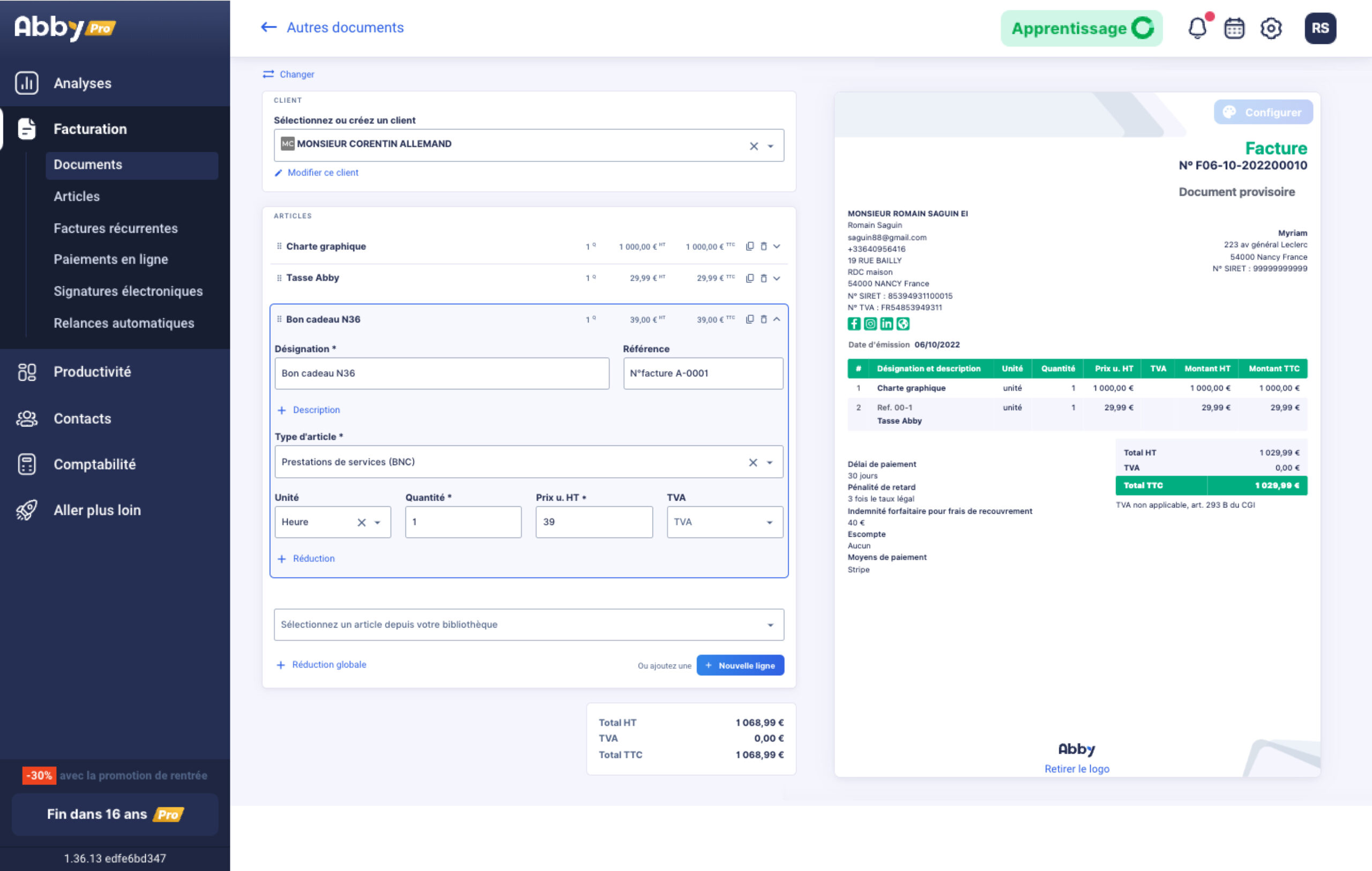 Le module facturation du logiciel de facturation Abby