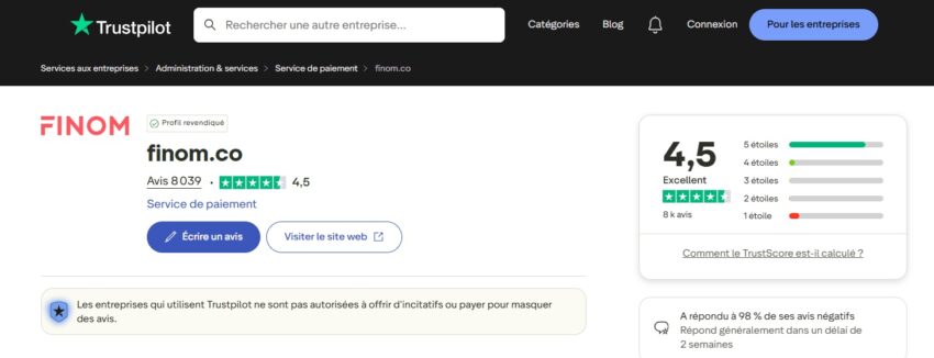 Moyenne Trustpilot de 4,5/5 pour les avis de clients sur le compte professionnel FINOM