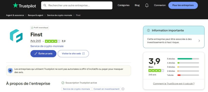 Capture d'écran avec les avis des utilisateurs sur Finst sur le site Trustpilot en septembre 2025