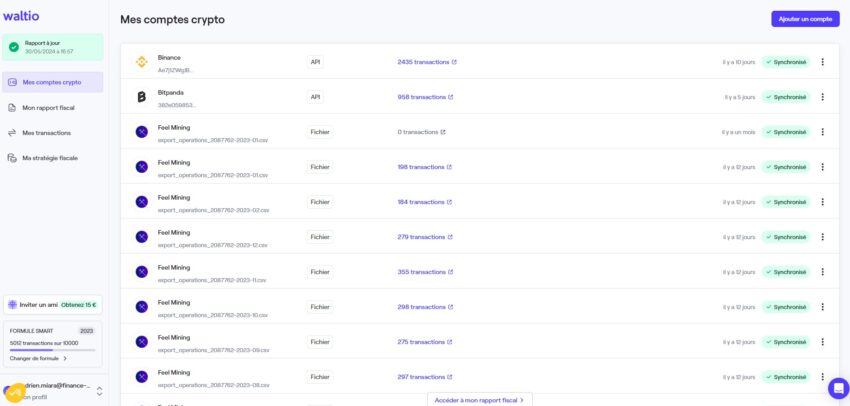 Extrait de mon compte Waltio, avec mes transactions Binance, Bitpanda et Feel Mining pour ma déclaration pour les impôts à payer en 2024