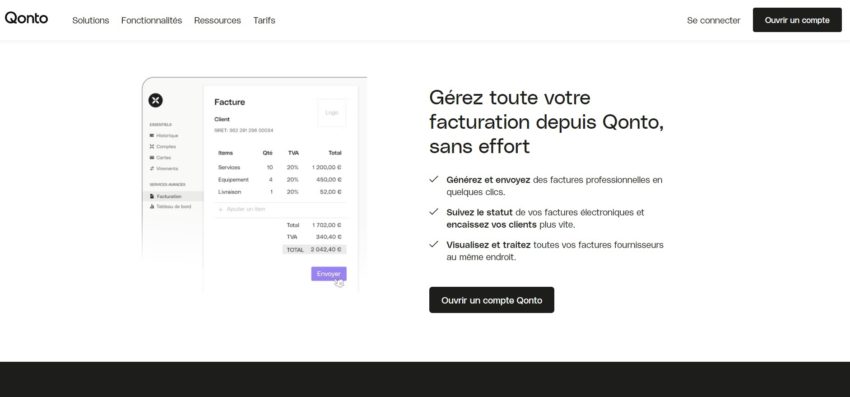 Outil de facturation de Qonto, un des services proposés qui entraîne des frais