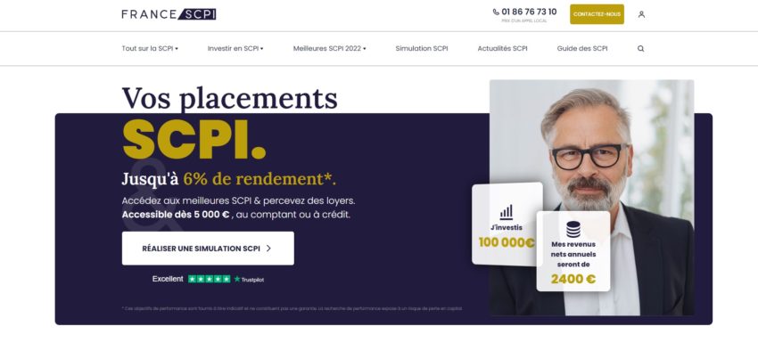 Page d'accueil du courtier spécialisé France SCPI, qui permet d'acheter des parts de SCPI en direct