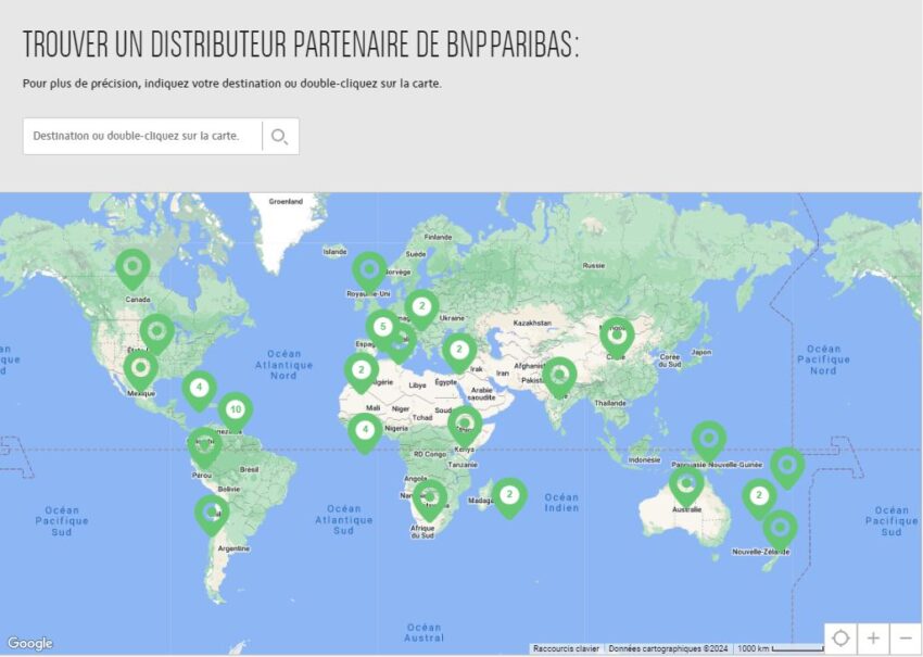 Carte distributeur partenaires de BNP Paribas dans le monde 