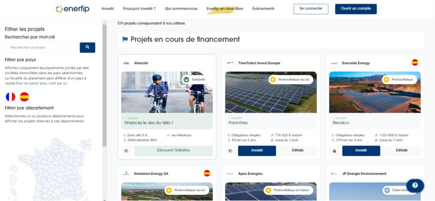 La plateforme Enerfip permet par exemple d'investir dans des obligations pour financer des projets photovoltaïques qui rémunèrent 8% par an sur 3 ans (projet en collecte en juin 2023)